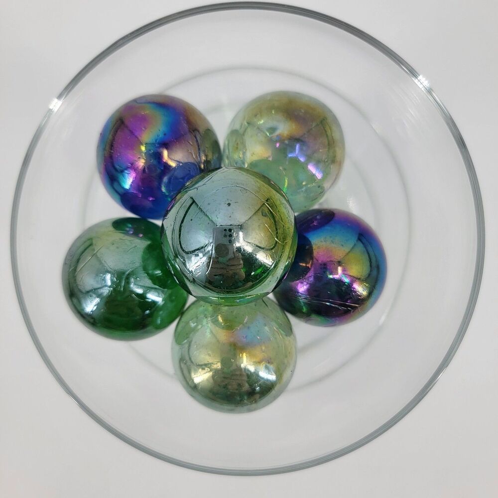 VTG 1.5" Aurora Iridescent Glass Shooter Marbles Set 6 w/Original Bag Taiwan 70s